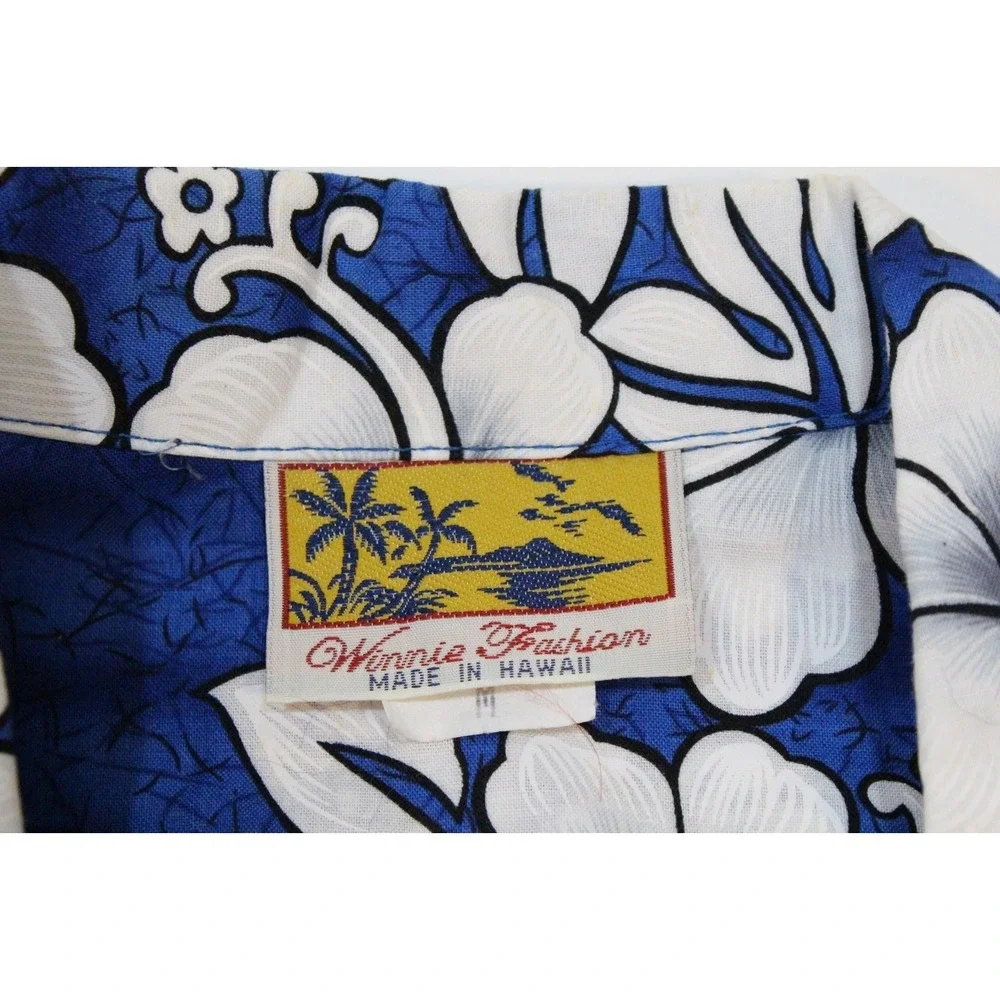 Vintage Winnie Fashion Shirt Mens‎ Medium Blue Hawaiian Aloha Made in Hawaii Y2K